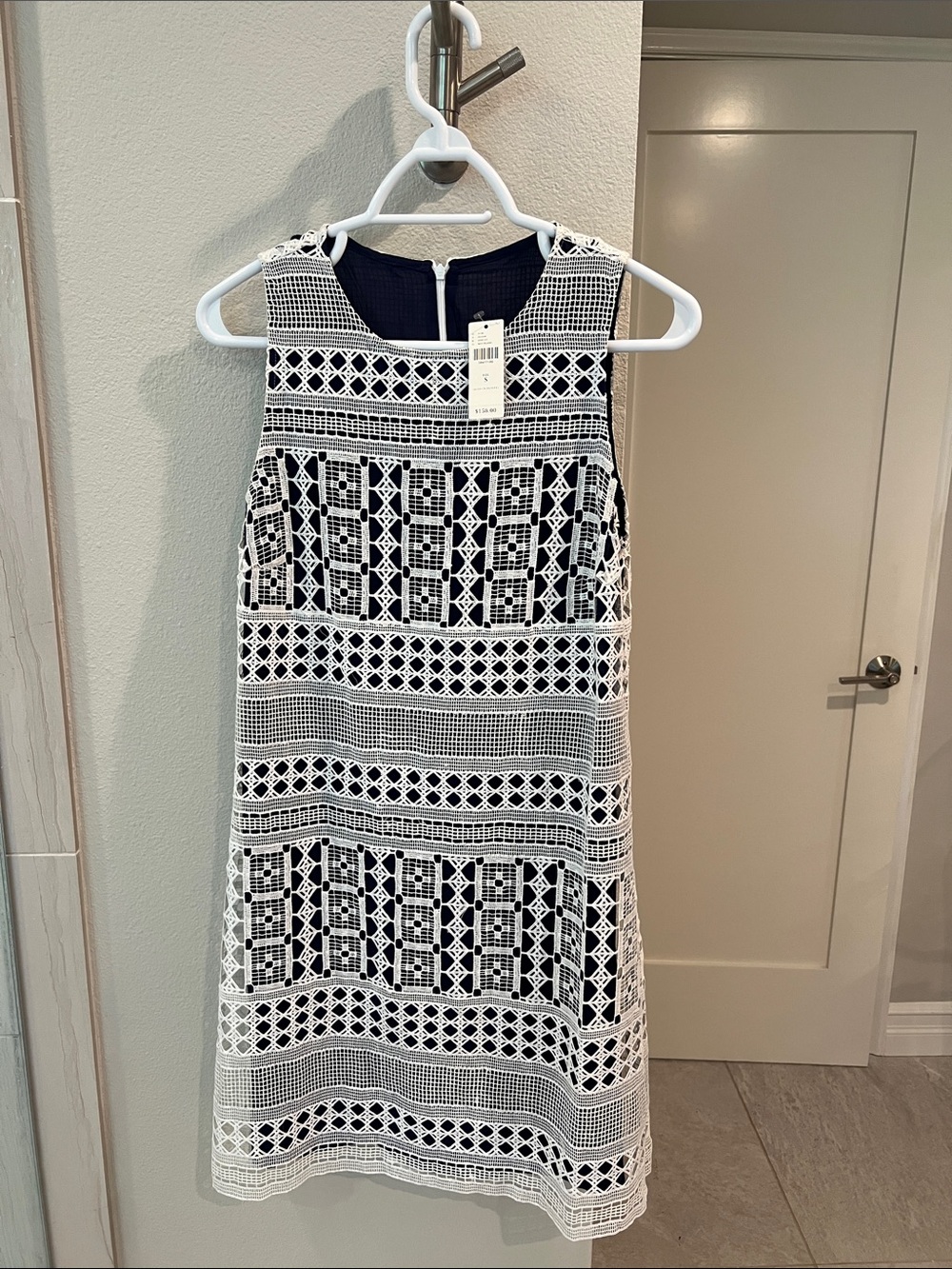 Anthropologie Navy Dress with White Crochet Overlay